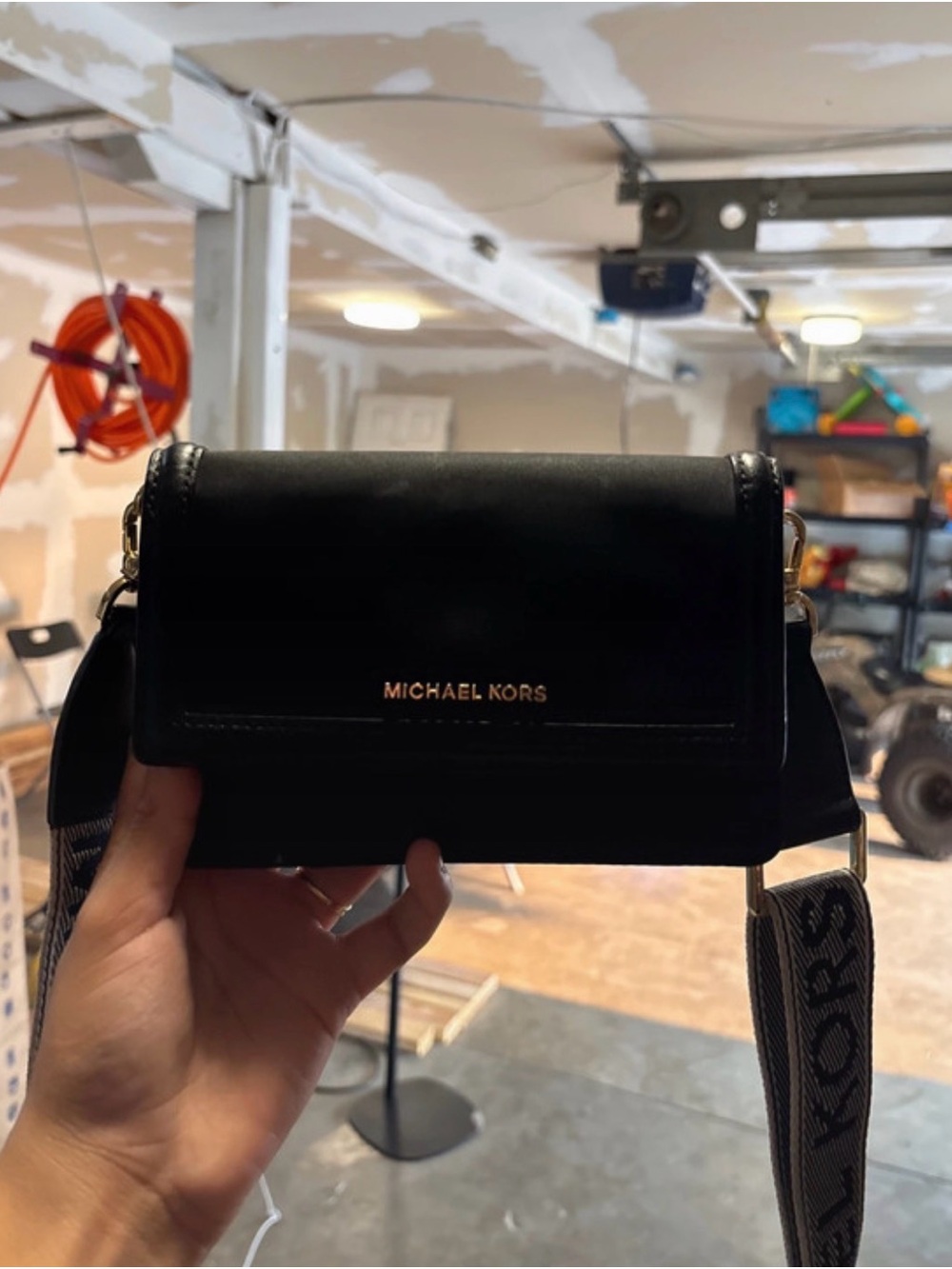 Michael Kors Black Leather Crossbody with Branded Strap and Gold-Tone Logo